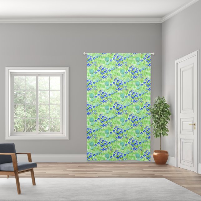 Blue Flowers And Grass Nature Art Curtain (Wide)