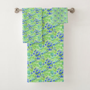 Blue Flowers And Grass Nature Art Pattern Bath Towel Set