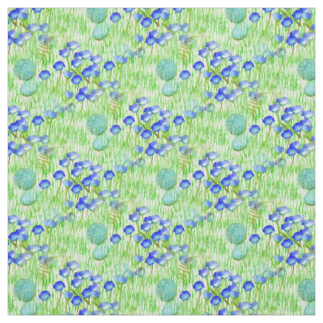 Blue Flowers And Grass Nature Art Pattern Fabric (Swatch)