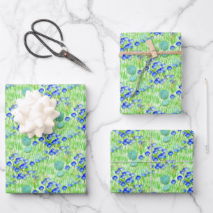 Blue Flowers And Grass Nature Art Pattern   Wrapping Paper Sheets