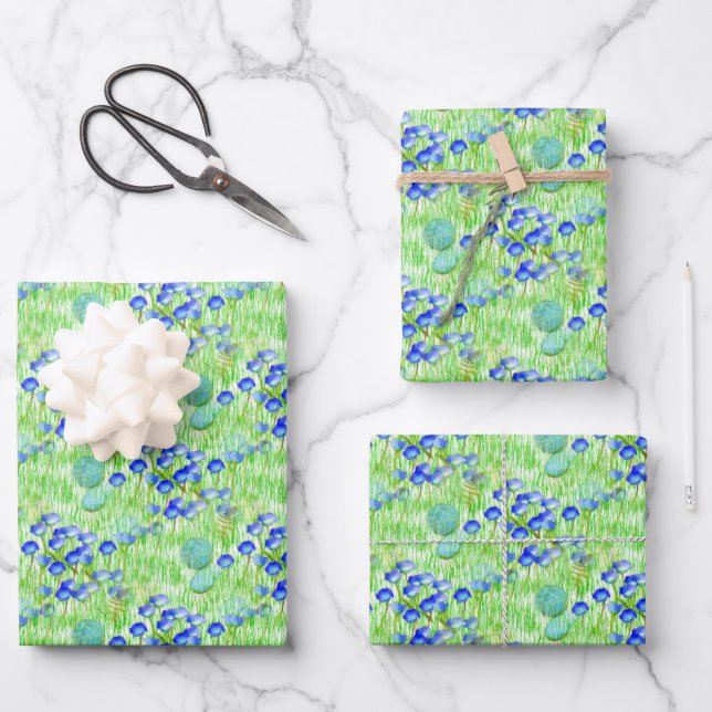 Blue Flowers And Grass Nature Art Pattern   Wrapping Paper Sheets (Front)