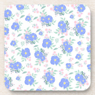 Blue flowers and green leaves beverage coaster