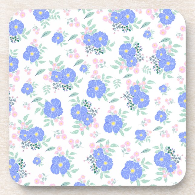 Blue flowers and green leaves beverage coaster (Front)