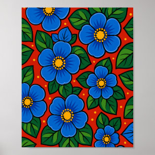 Blue Flowers and Green Leaves on a Red Background Poster
