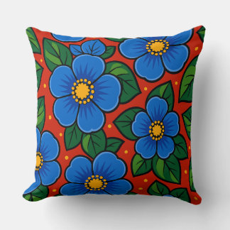 Blue Flowers and Green Leaves on a Red Background Throw Pillow