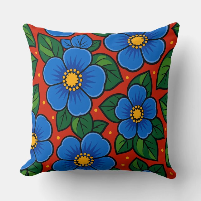 Blue Flowers and Green Leaves on a Red Background Throw Pillow (Front)
