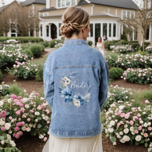 Blue Flowers and Leaves Wreath Bride  Denim Jacket