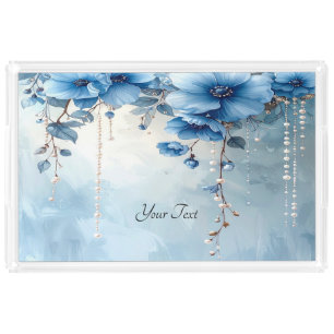Blue Flowers and Pearls Acrylic Vanity Tray