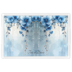 Blue Flowers and Pearls Acrylic Vanity Tray