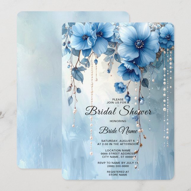 Blue Flowers and Pearls Bridal Shower Invitation (Front/Back)