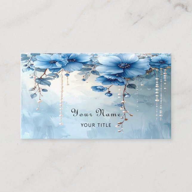 Blue Flowers and Pearls Business Card (Front)