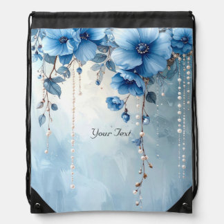 Blue Flowers and Pearls Drawstring Backpack