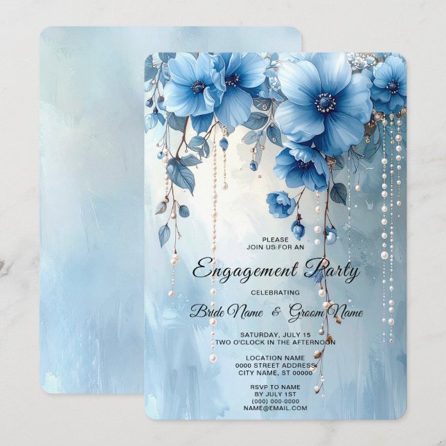 Blue Flowers and Pearls Engagement Invitation (Front/Back)