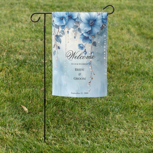 Blue Flowers and Pearls Garden Flag (In SItu)