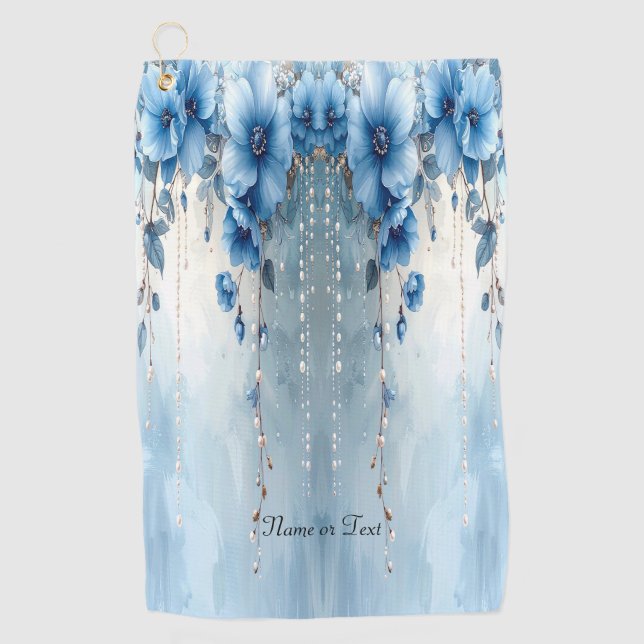 Blue Flowers and Pearls Golf Towel (Front)