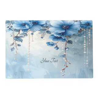 Blue Flowers and Pearls Paper Placemat
