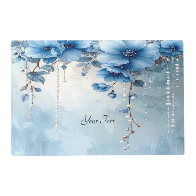 Blue Flowers and Pearls Paper Placemat (Front)