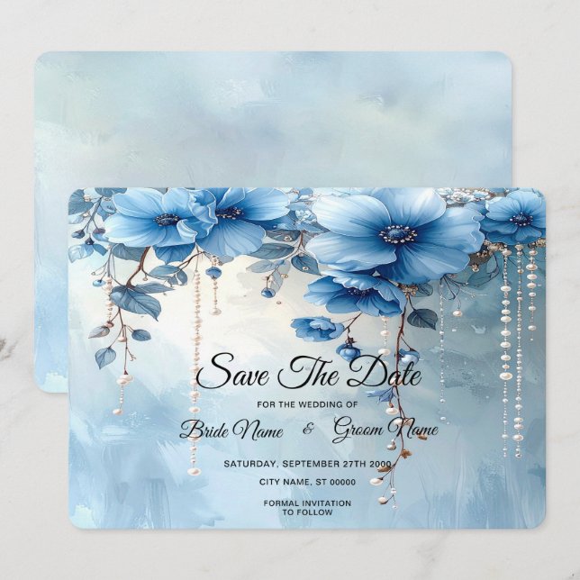Blue Flowers and Pearls Save The Date (Front/Back)