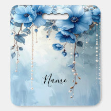 Blue Flowers and Pearls Stadium Seat Cushion