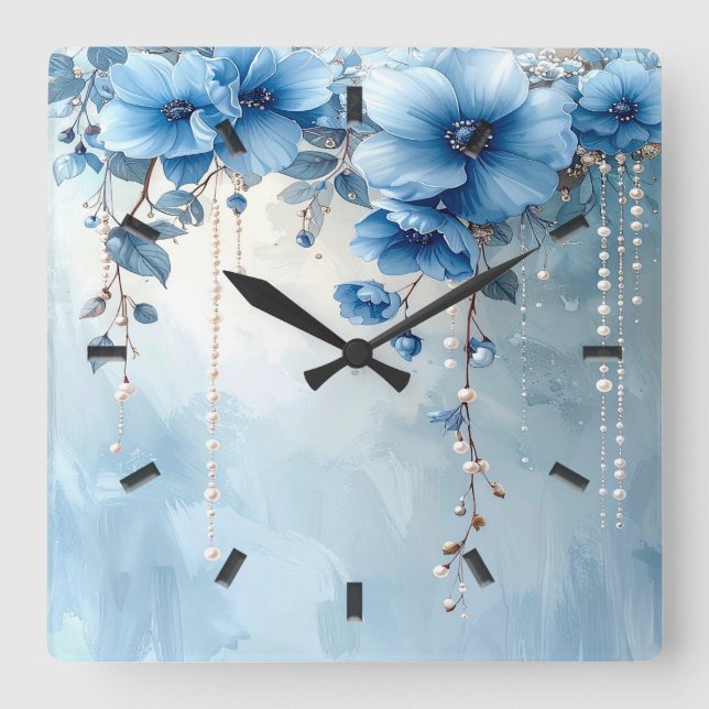 Blue Flowers and Pearls Wall Clock (Front)