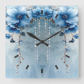 Blue Flowers and Pearls Wall Clock