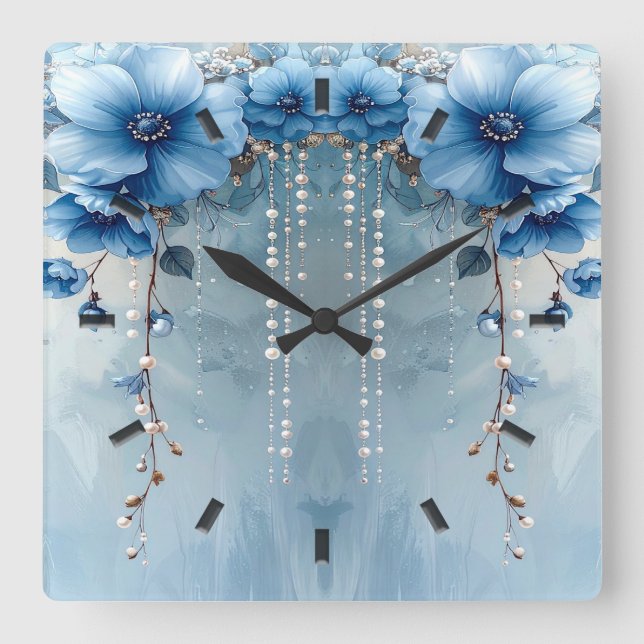 Blue Flowers and Pearls Wall Clock (Front)