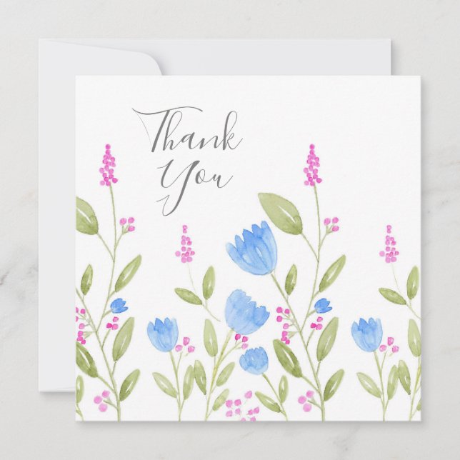 'Blue Flowers and Pink Berries' Watercolor Thank You Card (Front)