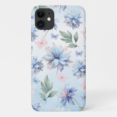 Blue Flowers and Pink Butterflies iPhone 11 Case