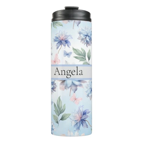 Blue Flowers and Pink Butterflies Thermal Tumbler