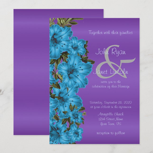 Blue Flowers and Purple Satin Wedding Invitations (Front/Back)
