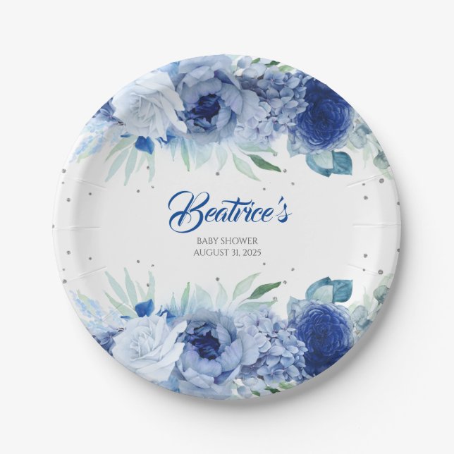 Blue Flowers and Silver Confetti Baby Shower Paper Plates (Front)