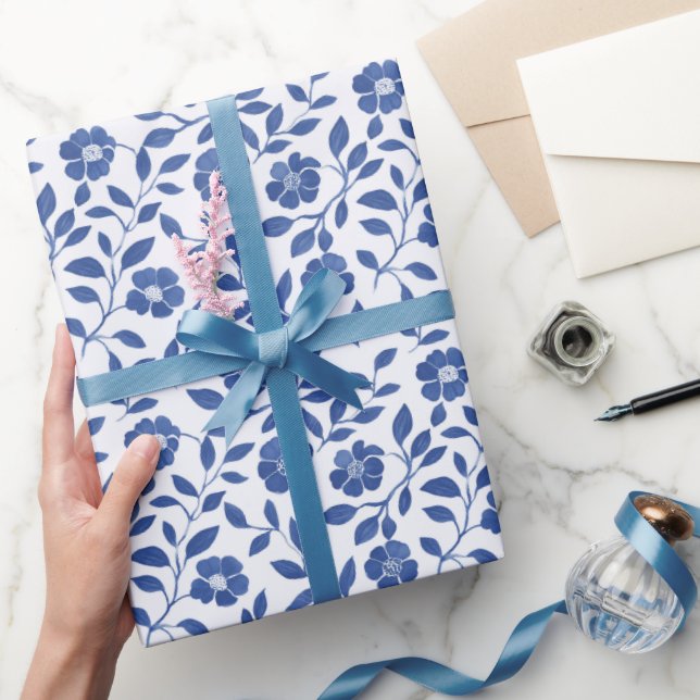 Blue Flowers And Vines Wrapping Paper (Gifting)
