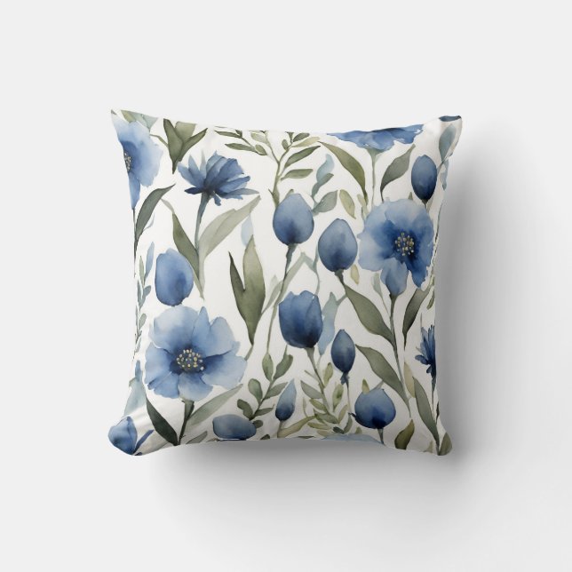 Blue Flowers Art Floral Design Throw Pillow (Front)