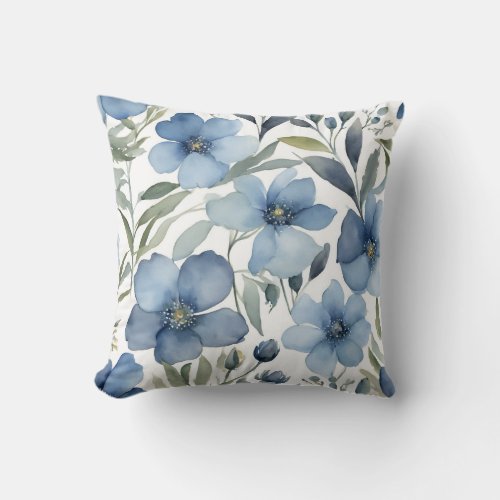 Blue Flowers Art Floral Design Watercolors Throw Pillow