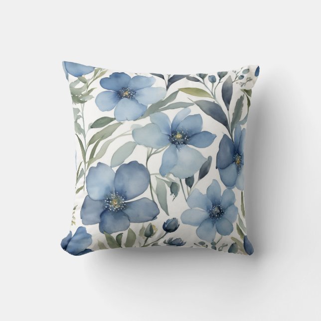 Blue Flowers Art Floral Design Watercolors Throw Pillow (Front)