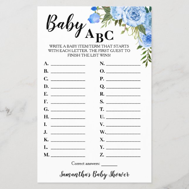 Blue Flowers Baby ABC Baby Shower Game Card Flyer (Front)