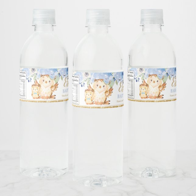 Blue Flowers Baby and Mommy Owl Baby Shower Favor Water Bottle Label (Bottles)