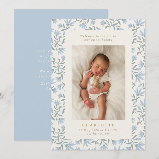 Blue flowers  | baby birth announcement card (Front/Back)