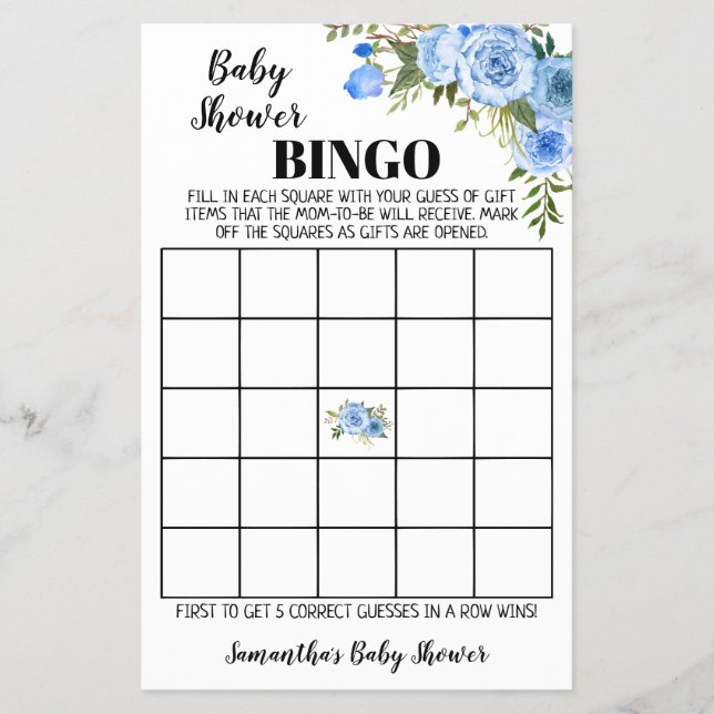 Blue Flowers Baby Shower Bingo game card Flyer (Front)