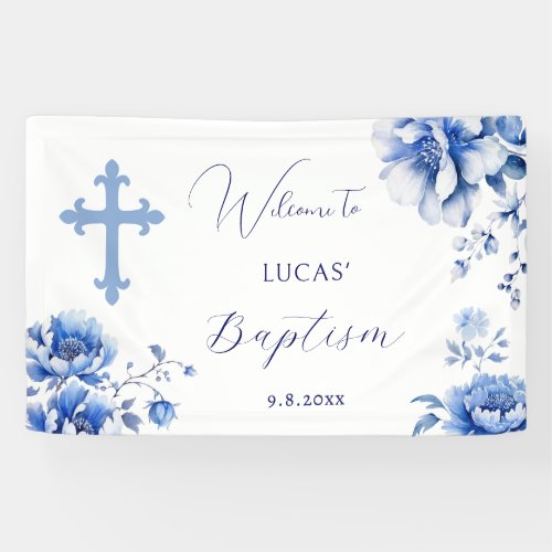 Blue Flowers Baptism Banner