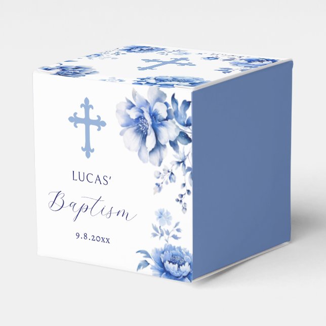 Blue Flowers Baptism Classic Favor Boxes (Front Side)