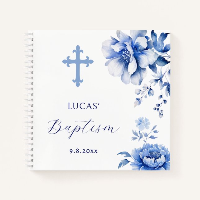 Blue Flowers Baptism Guest Book (Front)