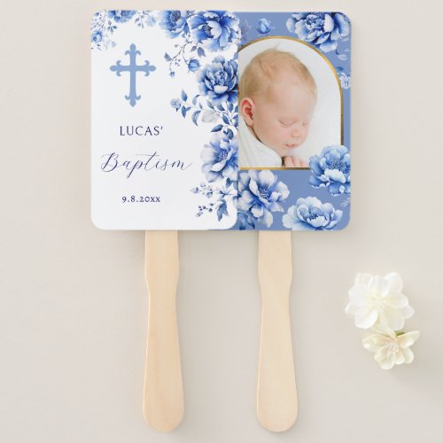 Blue Flowers Baptism Hand Fan