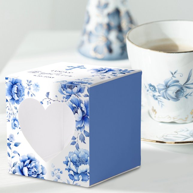 Blue Flowers Baptism Heart Favor Boxes (Creator Uploaded)