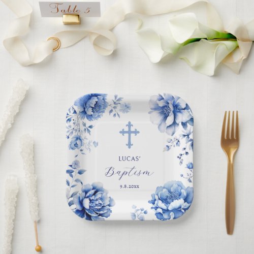 Blue Flowers Baptism Paper Plates