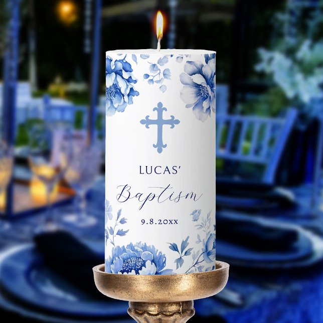 Blue Flowers Baptism Pillar Candle (Creator Uploaded)