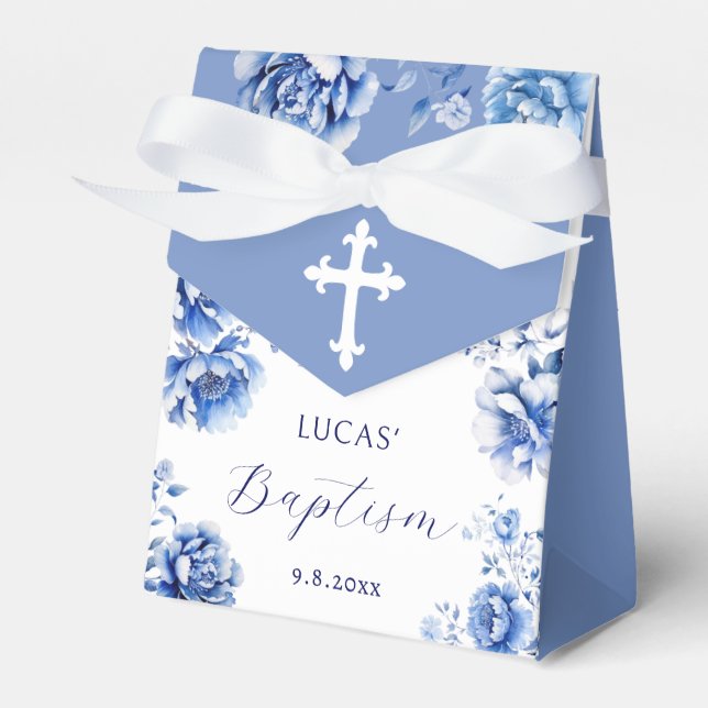 Blue Flowers Baptism Tent Favor Boxes (Front Side)