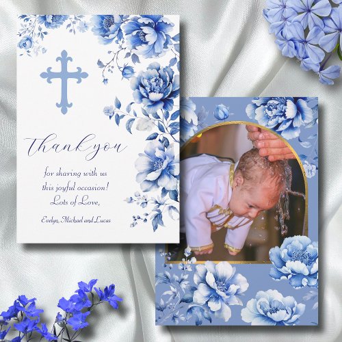 Blue Flowers Baptism Thank You Card