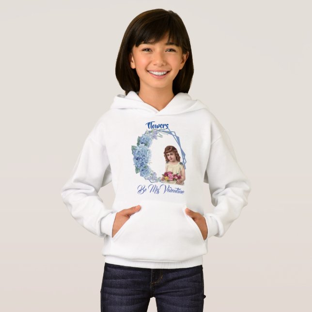 Blue Flowers Be My Valentine Floral Wreath Girls Hoodie (Front Full)