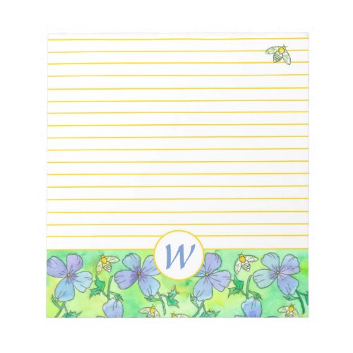 Blue Flowers Bees Monogram Yellow Lined Notepad